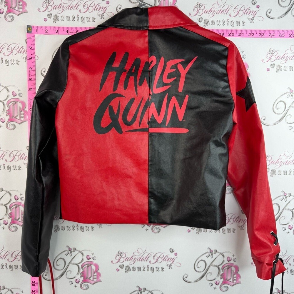 Spirit Halloween two tone red Black Faux Leather Moto Jacket with Heart Zip - Picture 2 of 10